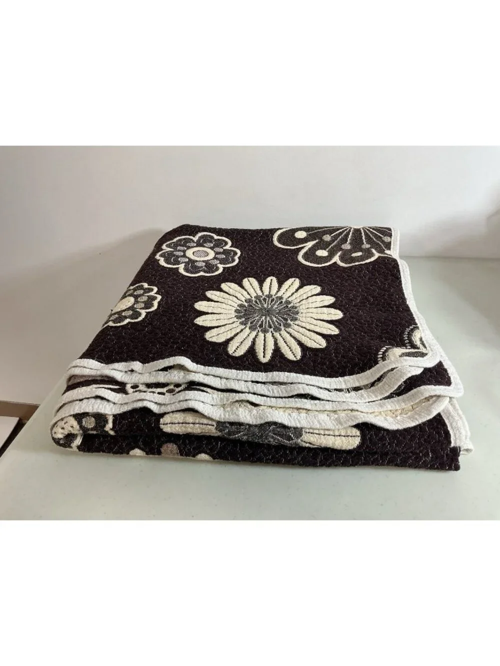 Vintage Quilted Coverlet Retro Floral Brown Ivory MCM Reversible